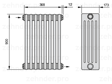 Схема (чертеж) Радиатор Zehnder Charleston 5090/8 №1670 Белый глянцевый RAL 9016